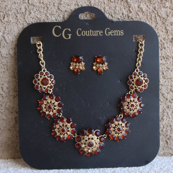 CG Couture Gems rhinestone necklace & earring set GA-5782 brown clear NEW - Picture 1 of 4